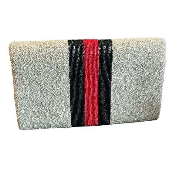 Tiana Handmade Beaded Clutch Handbag in Red White Blue with Bee Accent and Chain - Picture 4 of 7